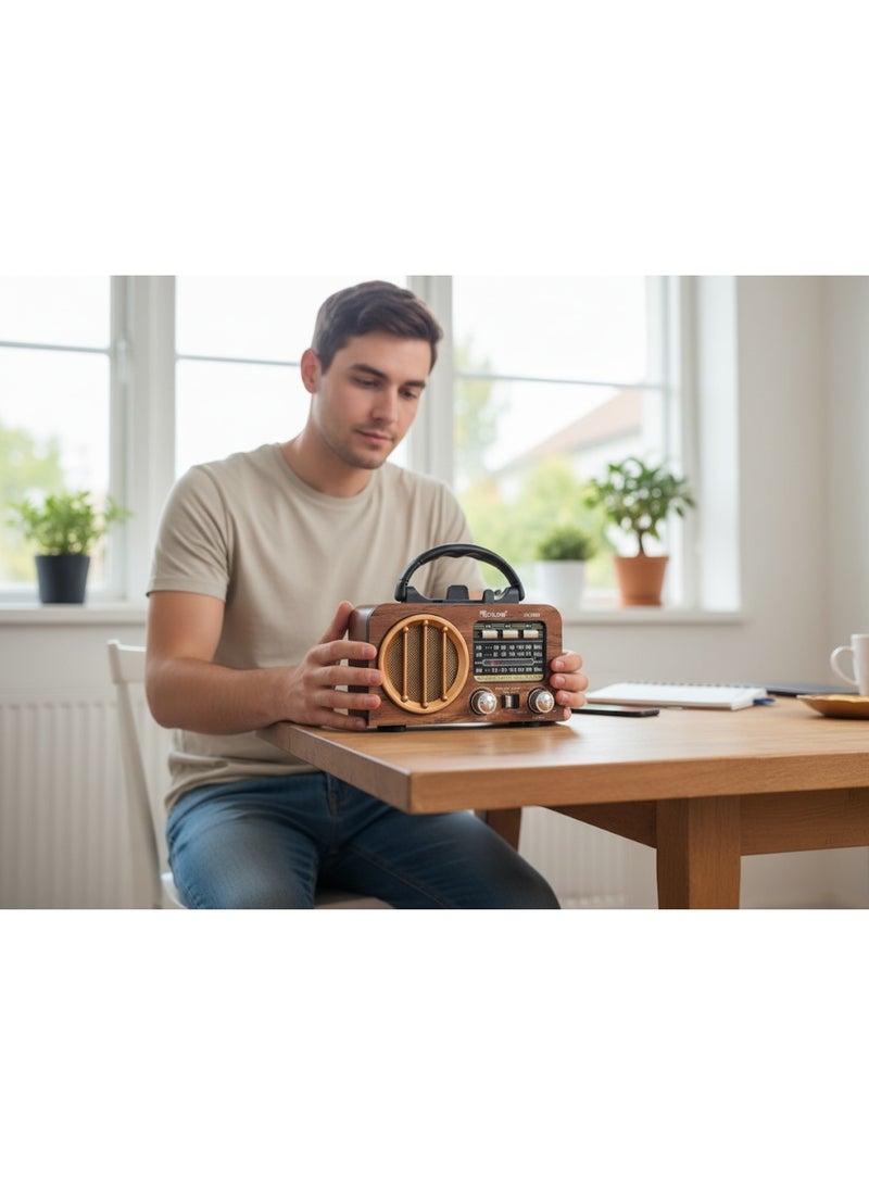 راديو محمول- متعدد الموجات FM/AM/SW - يعمل بالطاقة الشمسية والبلوتوث ومشغل MP3 - تصميم خشبي كلاسيك - موديل RX-966s - Image 3